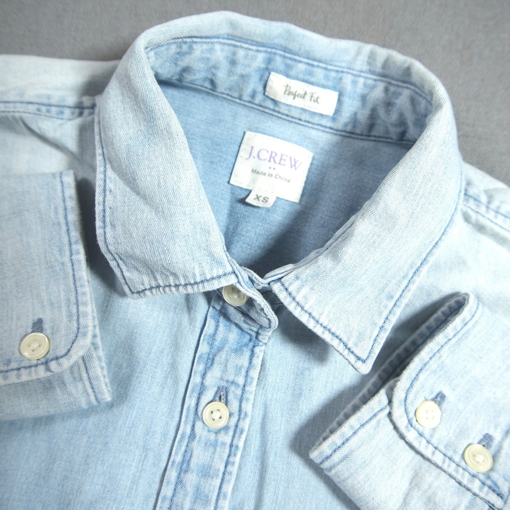 J.Crew Perfect Fit Chambray Women Shirt XS Fade Coastal Western Retro Prep Denim